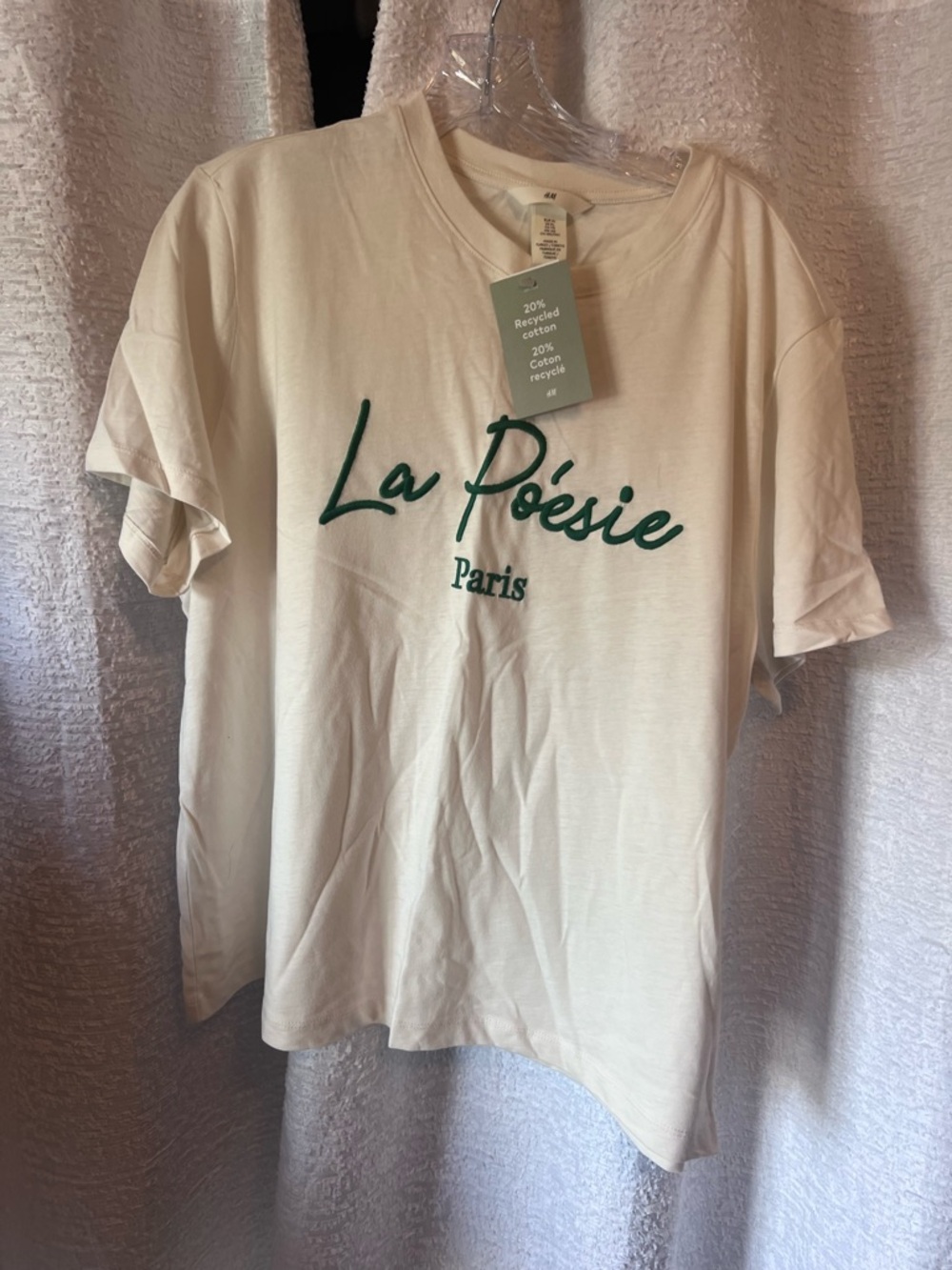 H&M Cream T‑Shirt with Green Embroidered Paris